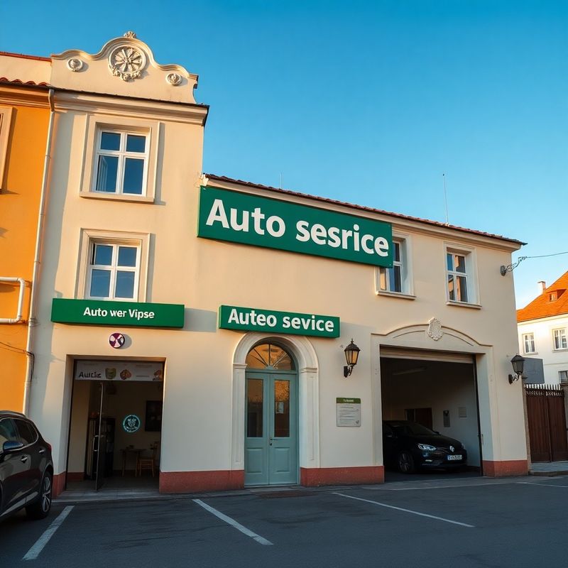 Fasáda autoservisu s lesně zeleným označením a krémovými stěnami