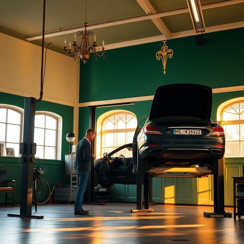 Mechanik kontroluje vůz na zvedáku ve světlé dílně v lesně zelené a krémové barvě