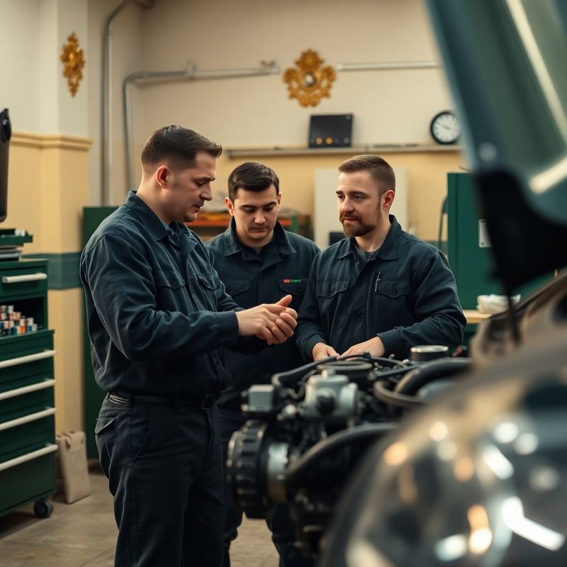 Dva mechanici diskutují nad motorem v uspořádané dílně